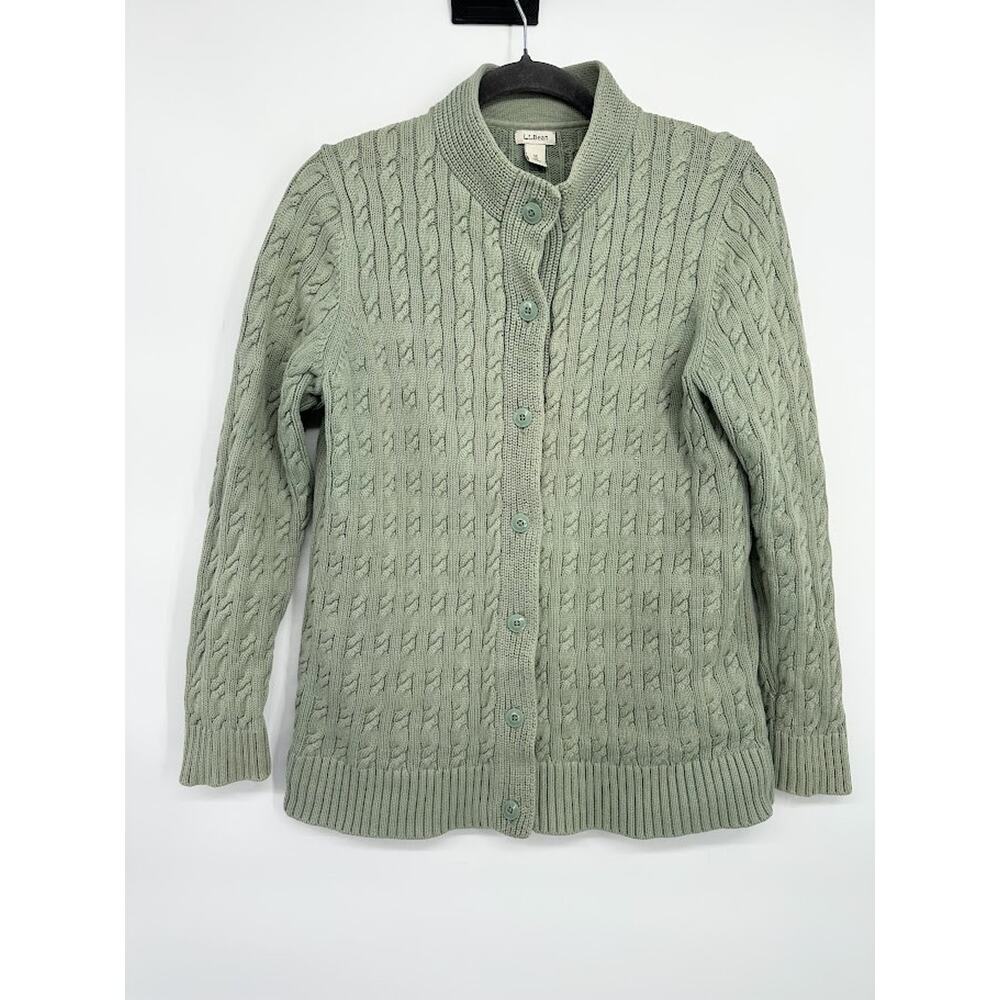 L.L. BEAN Cable Knit Button Cardigan Size Medium Green Fisherman Chunky Preppy